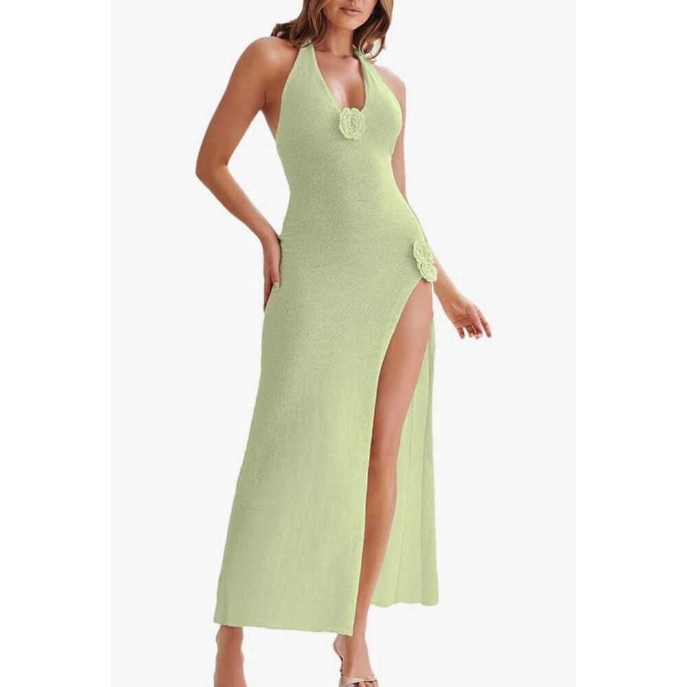 Lime green knitted halter dress with deep slit - XS